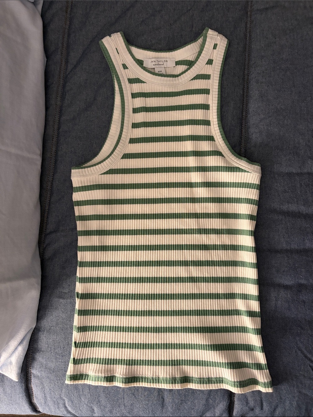 Ann Taylor Green and Cream Striped Ribbed Tank